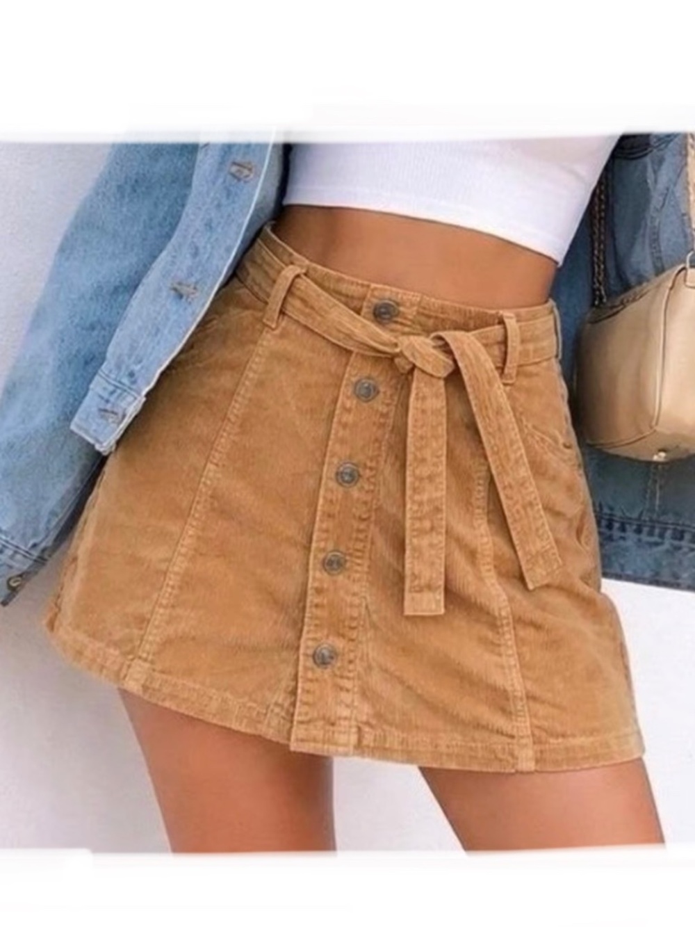 American Eagle Rich Tan Corduroy Button Front A-Line Belted Skirt - Size 0